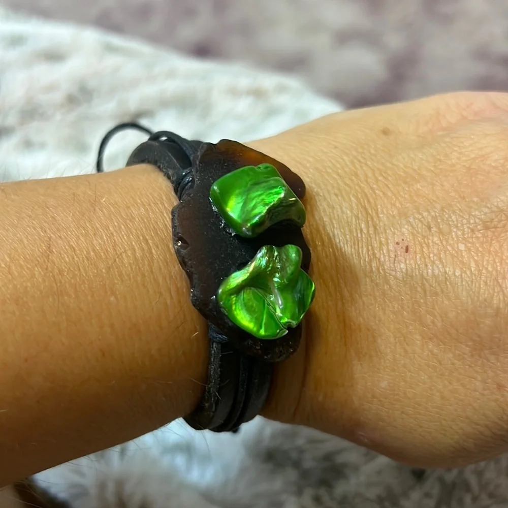 Black Faux Leather and Green Stone Braclet